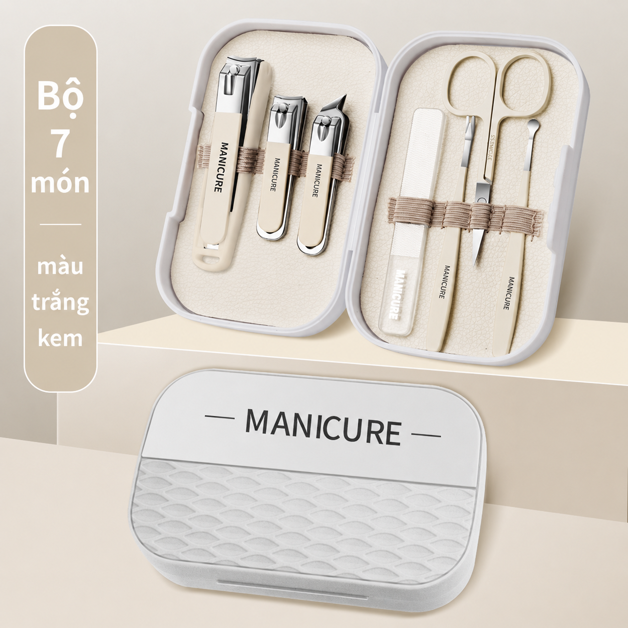 Bộ chăm sóc móng tay chống văng - Thép không gỉ - Trắng sữa
