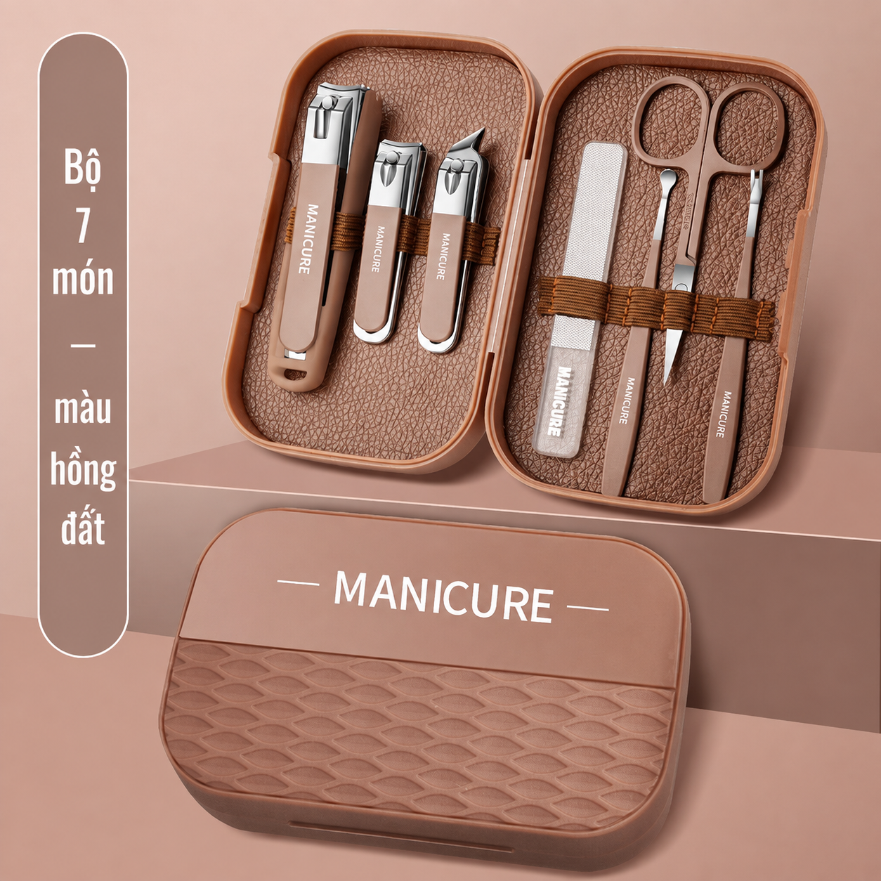 Bộ chăm sóc móng tay chống văng - Thép không gỉ - Nâu đất · Bộ 7